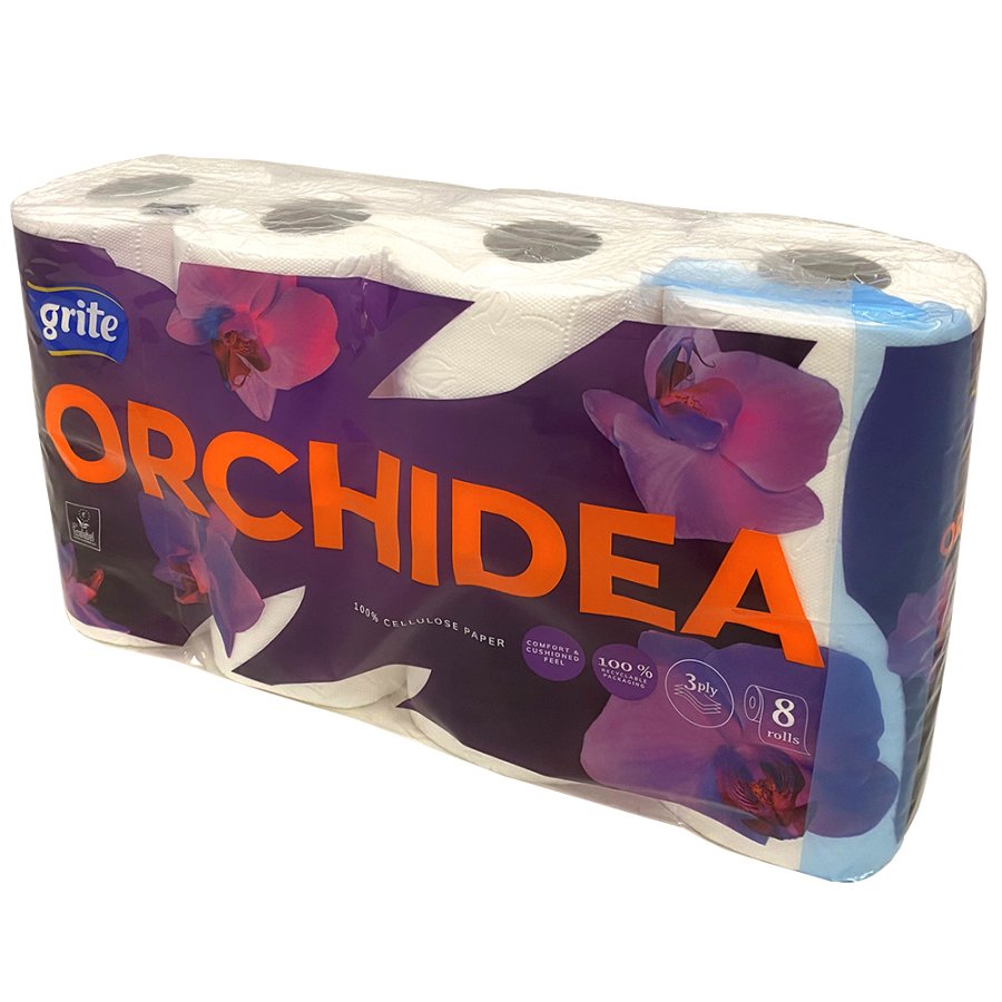 Toiletpapir, Grite Orchidea White, 3-lags, 17,4m x 9,6cm, hvid 100% nyfiber, kolli = 7 pk  8 rl.