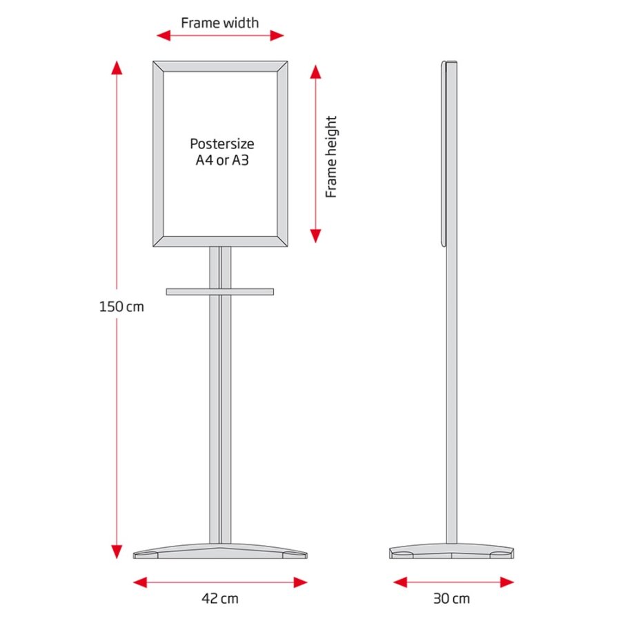 Handdesinfektionsst&auml;ll med hylla och A3 sn&auml;ppram
