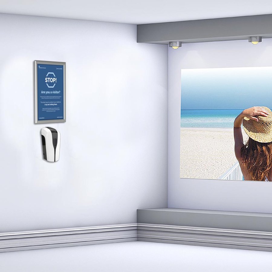 Handdesinfektionsautomat med A4 vikbar ram f&ouml;r v&auml;ggmontering - 1000 ml