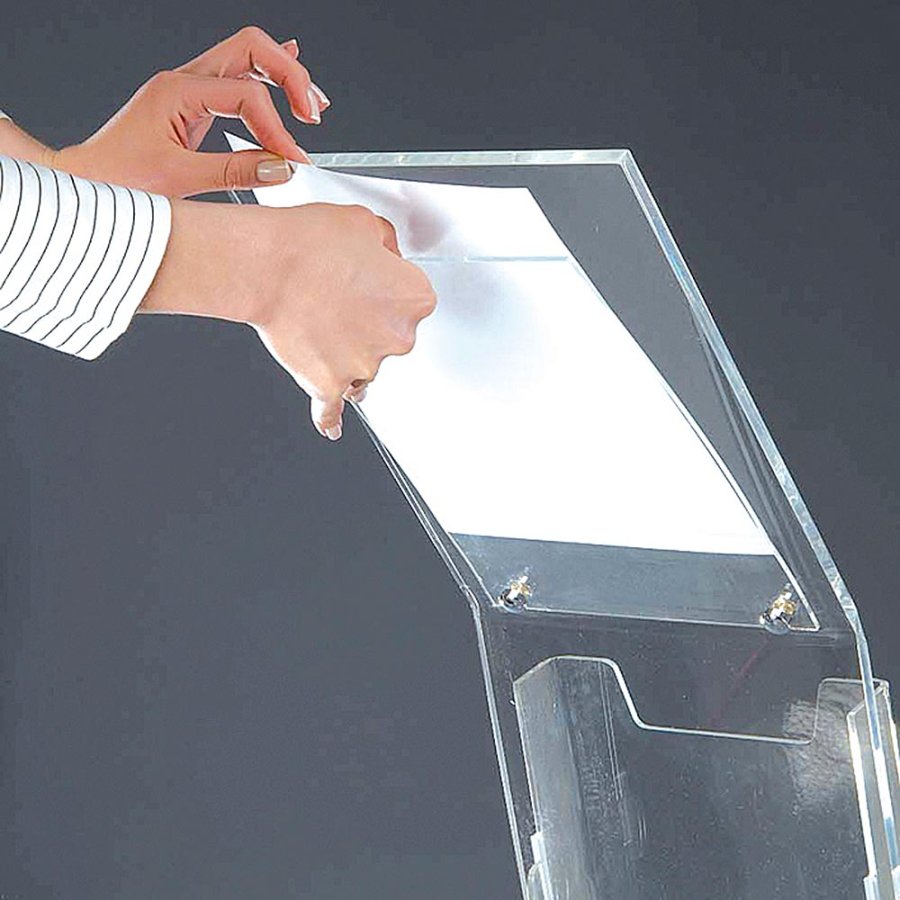 Akryl Info-st&auml;ll med broschyrh&aring;llare vertikal - A4 - 21x29,7 cm