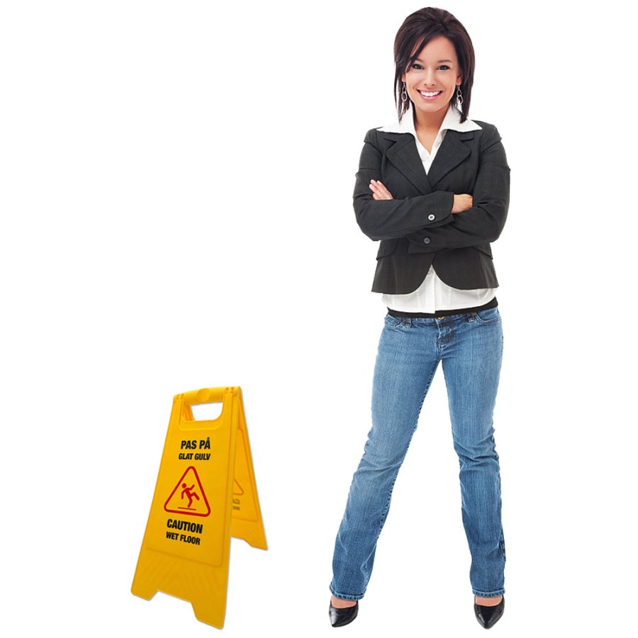 Golvskylt i gul med dansk og engelsk text